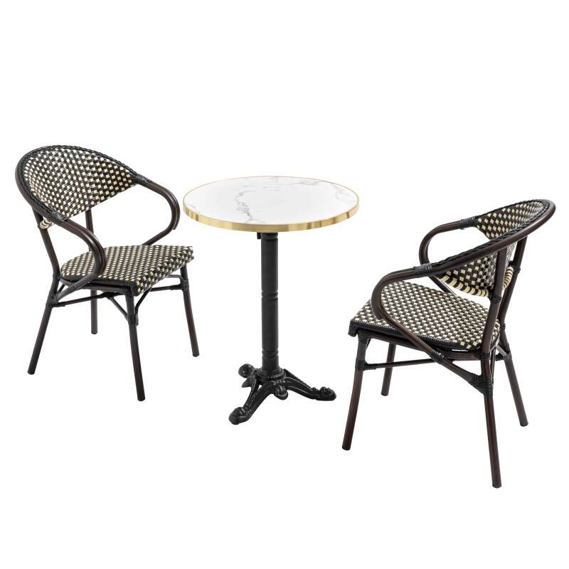 Mesa de terraza ⌀60 cm reclinable laminada y 2 sillas bistro en aluminio y ratán sintético