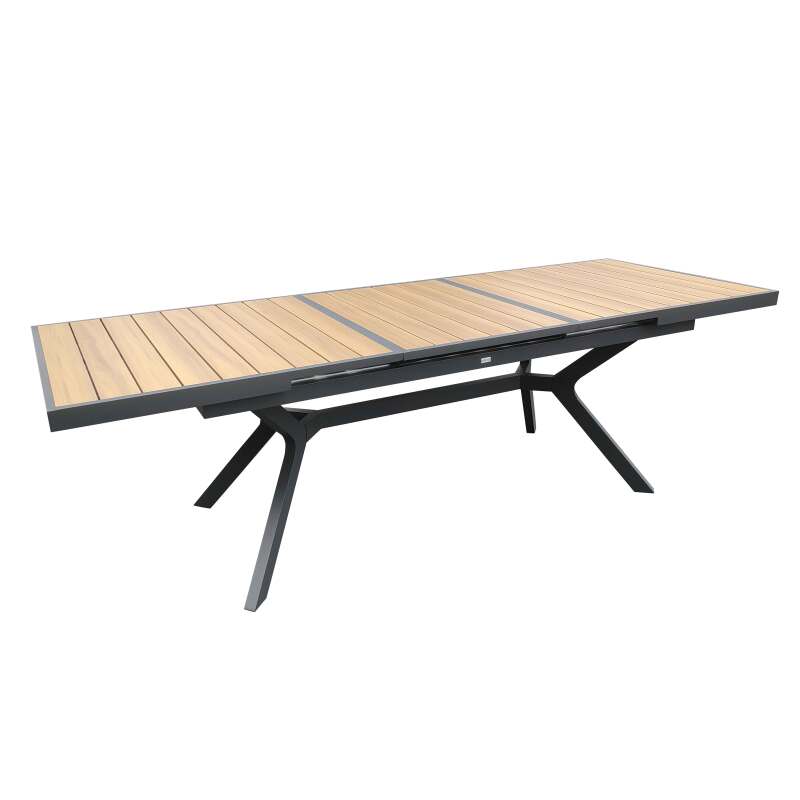 Mesa de jardín extensible rectangular (187/250 x 90 x 77 cm) en aluminio y efecto madera